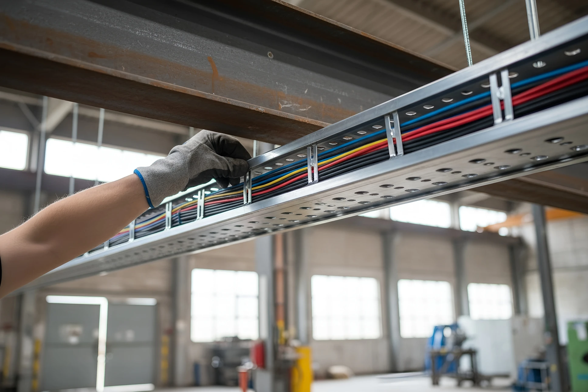 Électricien en combinaison bleue travaillant sur tableau électrique ouvert